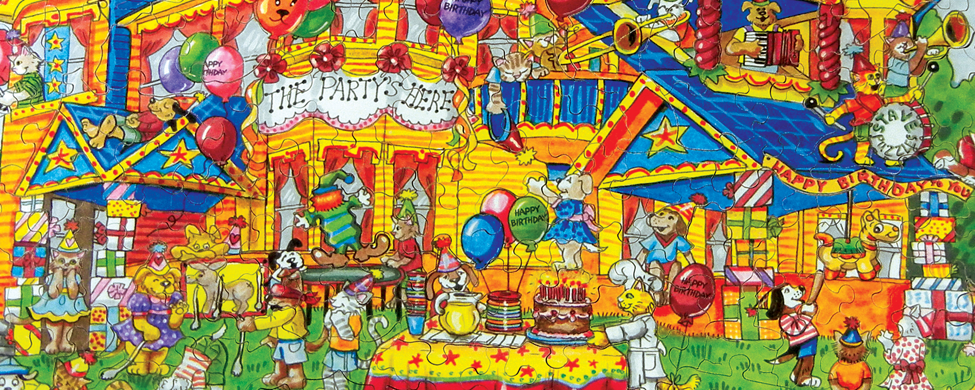 Wooden jigsaw birthday puzzle featuring a birthday party in front of a large yellow house where all of the guests are dogs and cats dressed in human clothing.